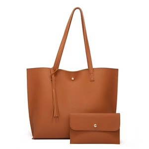 Brown litchi texture tote bag set with fringe tassel and matching clutch bag for women