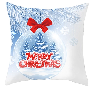 Detailed view of white pillowcase with blue snowflake crystal ball and Merry Christmas text