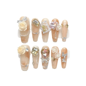 Handcrafted luxury coffin press-on nails with 3D white roses and pink marble design