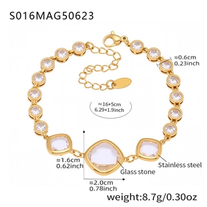 Detail showing stainless steel gold bracelet measurements with glass stone settings