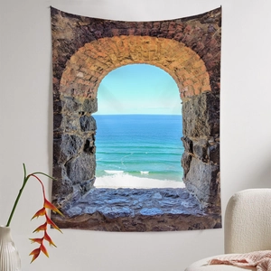Detail of wall tapestry featuring a stone arch sea view perspective for room decor