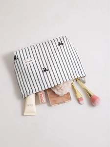 Trousse de maquillage à rayures avec broderie nœud et intérieur spacieux pour pinceaux