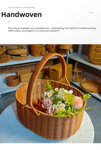 Detail of a handmade brown wicker picnic basket featuring a round handle and floral decor