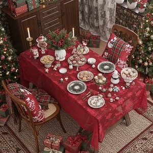 Detailansicht der festlichen roten Weihnachts-Spitzendecke mit Rentier- und Schneeflocken