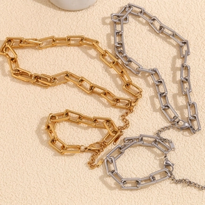 Minimalist 18K gold and silver plated stainless steel paperclip link necklace and bracelet set