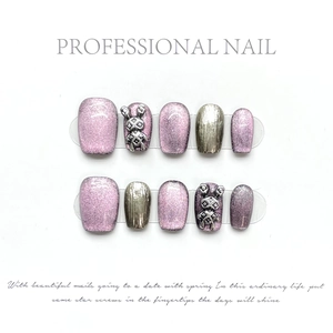 Handmade Purple Cat Eye Press On Nails Silver Metallic Rabbit Design Artificial Fake Nails For Women Daily Party Decor