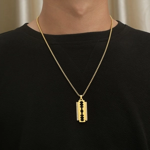 Men's hip-hop gold blade pendant necklace with sparkling diamonds on a pearl chain