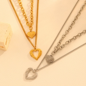 Double layered stainless steel heart pendant necklaces in gold and silver finish
