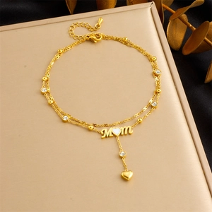 Double Layered Stainless Steel Gold Plated Anklet With MOM Letter Heart Shell Pendant And Zircon For Women Dainty Jewelry