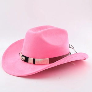 Detail of pink suede cowboy hat featuring decorative shell band and woven rope texture