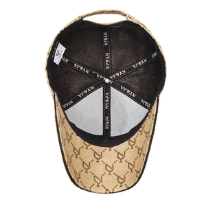 Inside view of khaki jacquard baseball cap with NY&JA internal reinforcement tapes