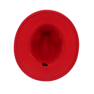 Detail view of red wool felt fedora interior showing stitching and quality inner lining