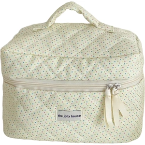 Quilted cream cosmetic bag with colorful polka dots, handle, and ribbon zippers