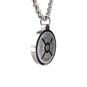 Polished stainless steel barbell weight plate pendant necklace with motivational engraving