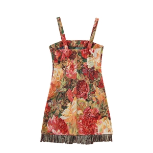 French retro oil painting style jacquard sleeveless mini dress with fringe trim