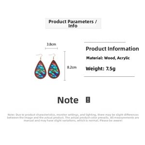 Detail view of teardrop wood and acrylic earrings with colorful geometric mosaic patterns