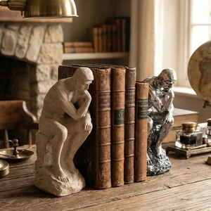 Nordic sandstone and silver thinker bookends in a vintage classic library study room setting