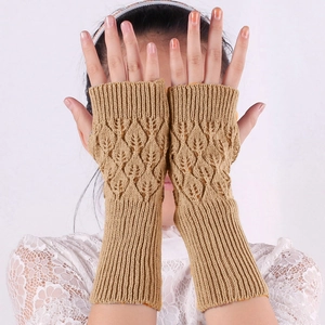Camel knitted fingerless long gloves with a textured leaf pattern and ribbed cuffs