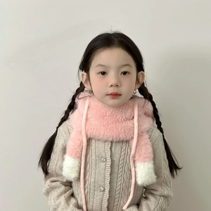 Pink and white plush hooded scarf with bear ears and pom-poms for children winter windproof