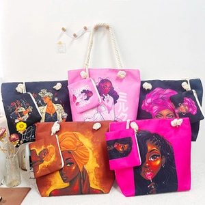 Ethnic style canvas backpacks featuring vibrant African girl illustrations and drawstring closures