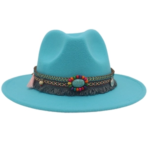 Detail of turquoise felt cowboy hat with bohemian beaded band and gemstone accent