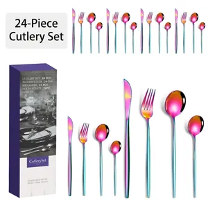 Macro view of 24-piece rainbow stainless steel cutlery set with elegant gift box