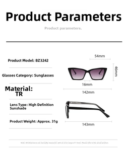 Detailed size specifications of cat-eye square sunglasses with dimensions and TR frame specs