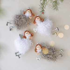 Set of four plush Christmas angel ornaments in grey and white with wooden star details
