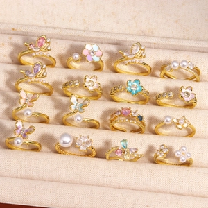 Butterfly Flower Adjustable Open Ring Copper 18K Gold Plated Cubic Zirconia Artificial Pearl Enamel Romantic Jewelry For Women