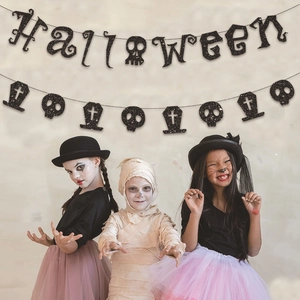 Halloween party banner set with black glitter skull and coffin motifs for festive decor