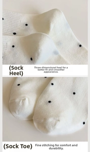 Detail view of the reinforced 3D heel and flat seamless toe of the white polka dot socks