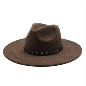 Wide Brim Fedora Hat Suede Polyester Felt Western Ethnic Style With Silver Rivet Band Retro Jazz Panama For Women Men