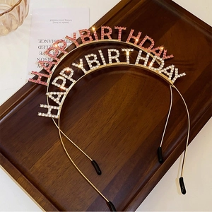 Sparkling Happy Birthday headbands with rhinestones in pink and silver on gold alloy