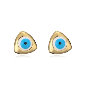 Minimalist 18K gold plated copper Evil Eye stud earrings with blue zircon and enamel inlay