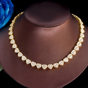 Hip hop style gold heart cuban chain necklace with glittering cubic zirconia stones