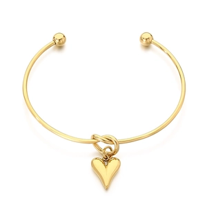 Gold stainless steel knot open bangle with a heart charm and spherical ends for women