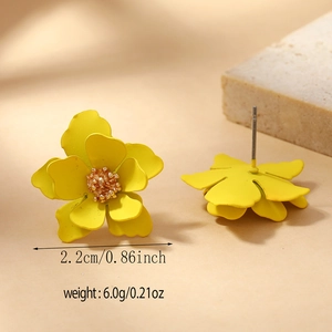 Bright yellow layered petal flower stud earrings with golden pistil and matte finish