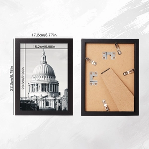 Dual view of black minimalist photo frame with wall hooks and dimensions for home decor