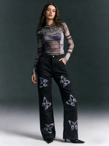 Jean Femme Imprimé Papillon Jambe Droite Denim Coton Taille Haute Y2K Streetwear Pantalon