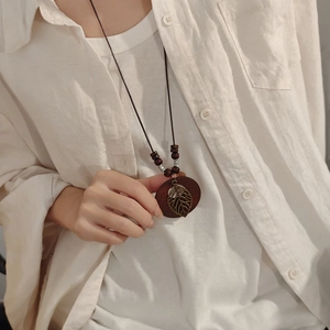 Long Retro Leaf Pendant Necklace Wood Metal Braided Rope Bohemian Ethnic Style Fashion Jewelry For Women