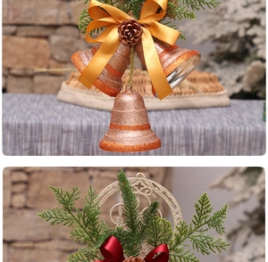 Detail of Christmas golden bells with pine cones and festive glitter wreath ornaments