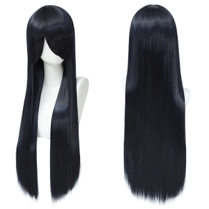 Detailed front and back views of 80cm long straight black cosplay wig on model mannequin