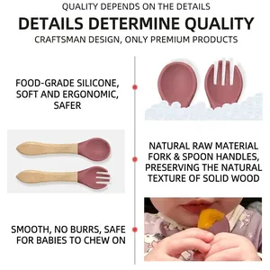 Baby food-grade silicone and wood spoon and fork set in dusty rose for toddlers