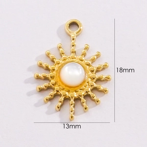 Detailed view of sunburst shell pendant with 18mm height and 13mm width dimensions