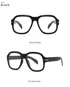 Front and 45-degree side view of black square sunglasses with gold arrow metal accents