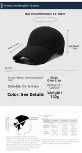 Detailed size chart for outdoor sun hat with brim length and head circumference guide
