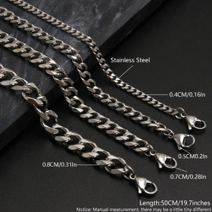Polished stainless steel Cuban link chains in 4mm to 8mm widths with lobster clasp closure