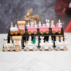 Handcrafted wooden Christmas train ornament set with festive snowman and bear figurines