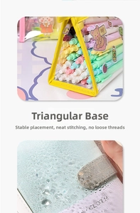 Macro detail of waterproof triangular pencil case with cartoon stickers and leather trim