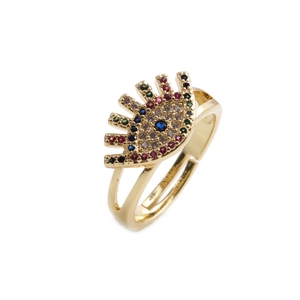 Gold plated evil eye open ring with colorful zircon stones in red blue and green